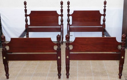 Pair of Walnut Bench Made Acorn Finial Twin Beds with Bolts & Rails