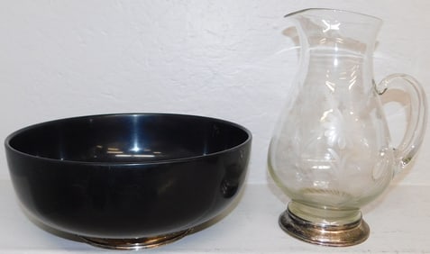 Etched Glass Sterling Rim Pitcher & Sterling Rim Salad Bowl