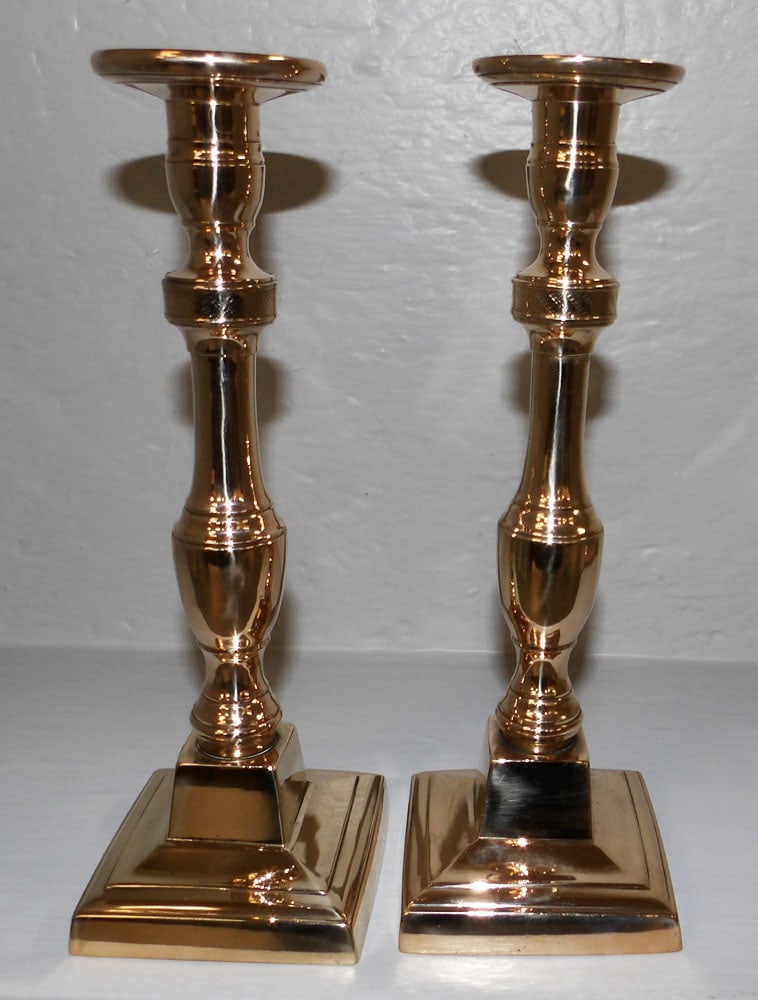 Pair of Antique Brass Square Base Candlesticks  (1 of 4)