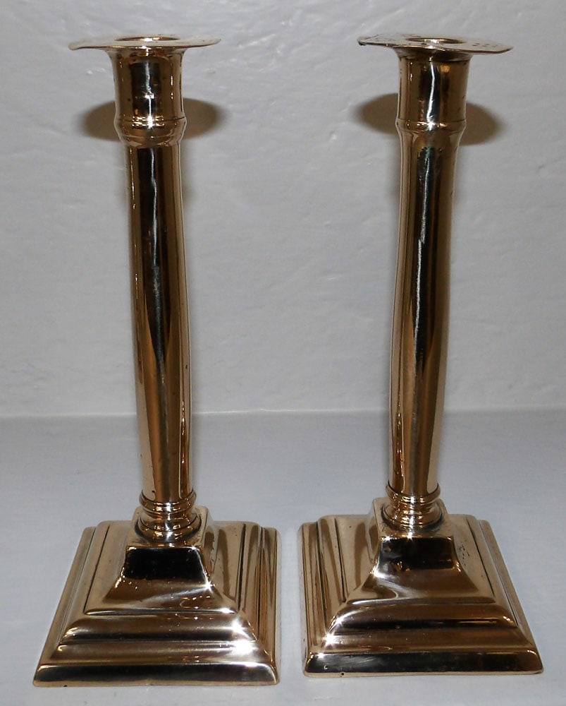 Pair of Antique Brass Square Base Candlesticks  (1 of 3)