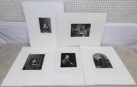 Lot of Five Unframed Black & White Engravings