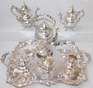 Seven Piece Hand Chased Baroque Silver on Copper Tea Service