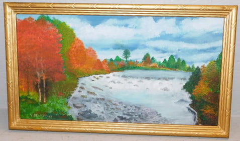 Gilded Framed Oil on Board of Autumn Landscape & Waterfalls Signed V Dembroski