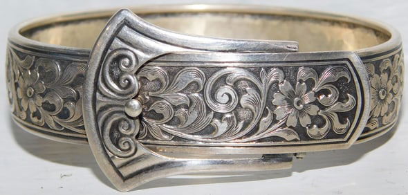 Antique Ladies Sterling Buckle Bangle Bracelet with Engraved Floral Pattern