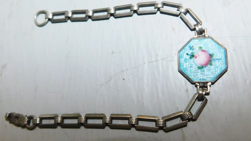 Vintage Ladies Sterling & Guilloche Pink Rose Enamel Bracelet