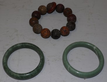 Three Oriental Bracelets, (Two Stone & One Wood)