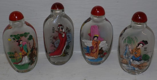 Four Reverse Painted Oriental Geisha Girl Scent Bottles