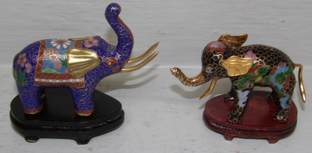 Two Cloisonne Elephant Figures on Teak Wood Stands  (1 of 5)