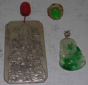 Oriental Silverplated Amulet with Character Marks, Oriental Buddha Pendant, & Oriental Ring with Sto
