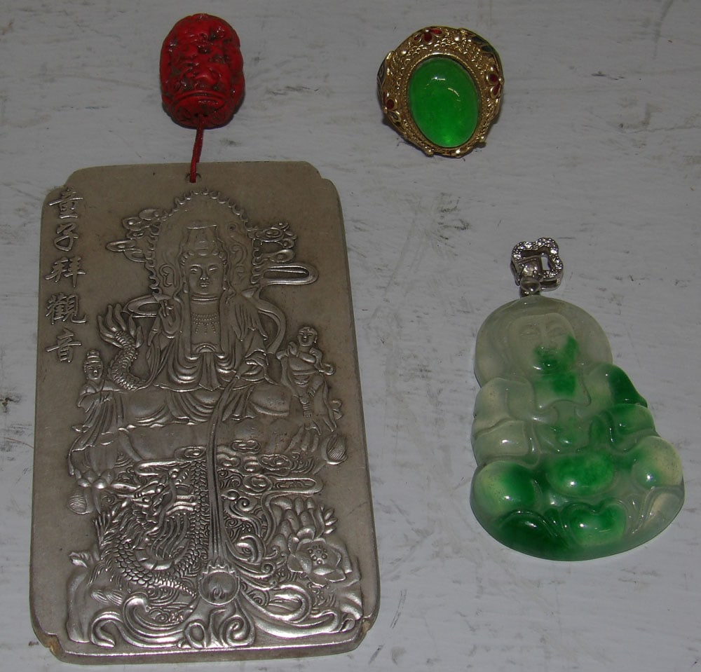 Oriental Silverplated Amulet with Character Marks, Oriental Buddha Pendant, & Oriental Ring with Sto (1 of 5)