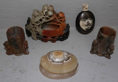 Oriental Carved Stone & Bone Snuff Bottle, Vases, & Collectibles