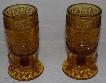 Pair of Amber Glass Toothpick Holders with Dolphin Bases