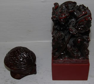 Oriental Resin Dragon Paperweight & Carved Mahogany Walnut Form Box