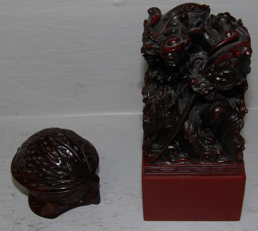 Oriental Resin Dragon Paperweight & Carved Mahogany Walnut Form Box (1 of 5)