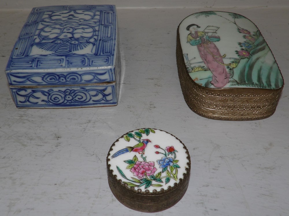 Two Antique Oriental Shard Boxes & Oriental Blue & White Porcelain Box  (1 of 5)