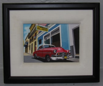 Framed Small Oil on Board of Cuban Street Scene