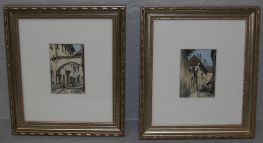 Pair of Miniature Framed Ink & Watercolors of Old Town Lithuania