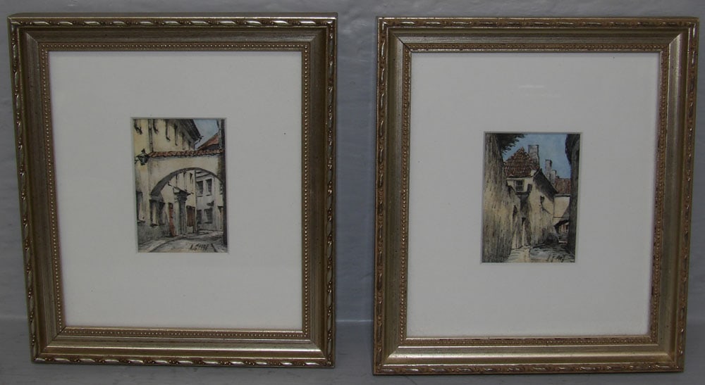 Pair of Miniature Framed Ink & Watercolors of Old Town Lithuania : Pair of Miniature Framed Ink & Watercolors of Old Town Lithuania . 6 1/2" x 5 3/4" ALL DESCRIPTIONS AND ANY CONDITION STATEMENT GIVEN BY LANGSTON AUCTION GALLERY ARE STRICTLY OPINIONS AND LANGSTON'S S