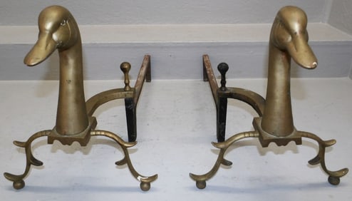 Pair of Duck Head Form Brass Andirons
