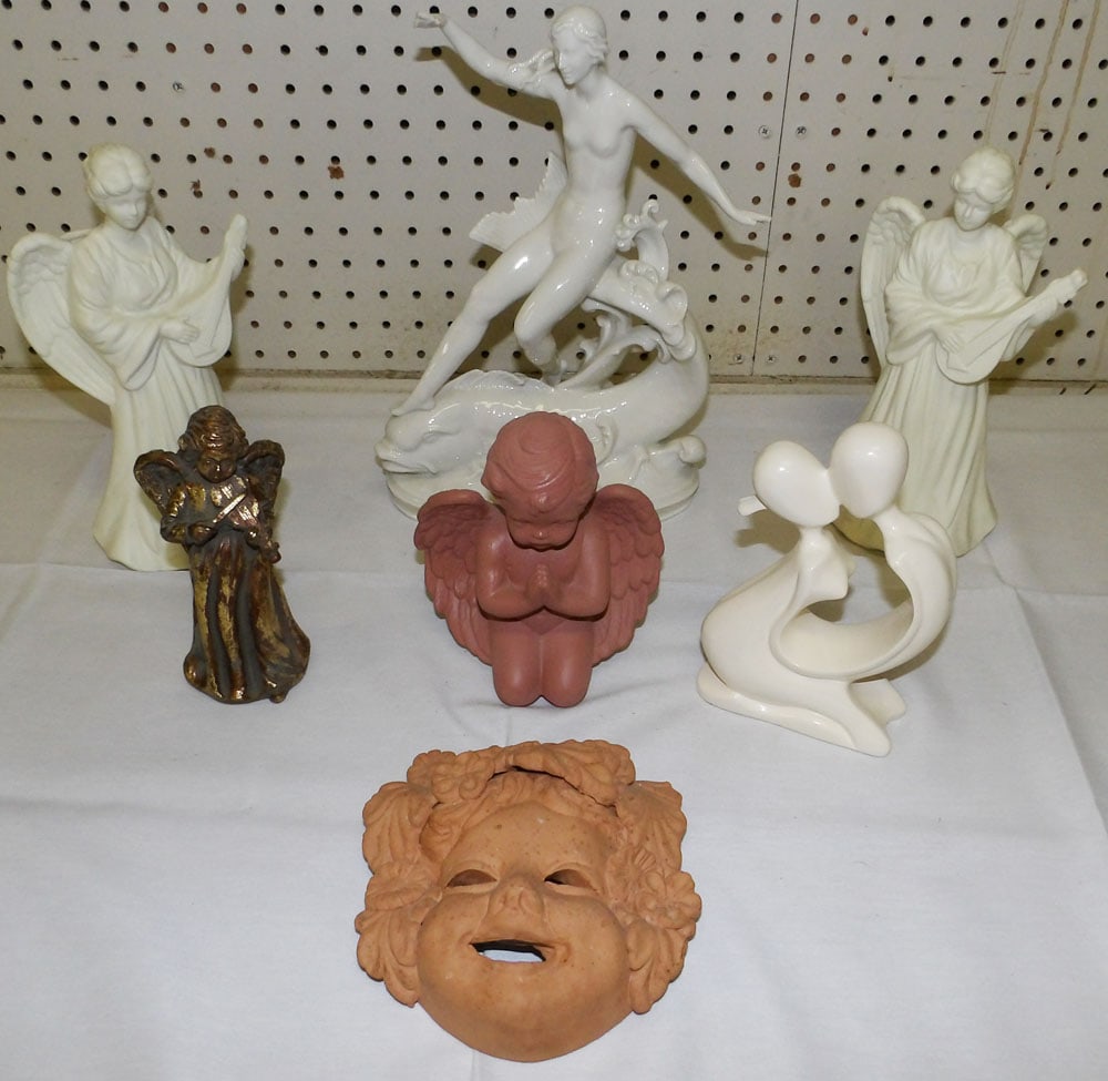Lot Terra Cotta & Porcelain Figurines: Lot Terra Cotta & Porcelain Figurines. 13" H 8" Dia "ALL DESCRIPTIONS AND ANY CONDITION STATEMENT GIVEN BY LANGSTON AUCTION GALLERY ARE STRICTLY OPINIONS AND LANGSTON'S SHALL HAVE NO RESPONSIBILITY FO