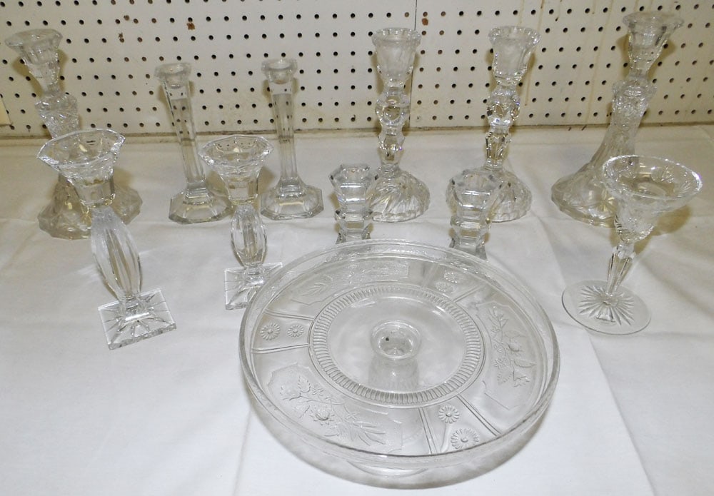Lot Glass Candlesticks & Cookie Stand: Lot Glass Candlesticks & Cookie Stand. 8 1/2" H 5" Dia "ALL DESCRIPTIONS AND ANY CONDITION STATEMENT GIVEN BY LANGSTON AUCTION GALLERY ARE STRICTLY OPINIONS AND LANGSTON'S SHALL HAVE NO RESPONSIBILITY