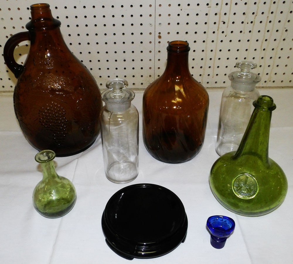 Lot Glass Bottles - Apothecary Jars: Lot Glass Bottles - Apothecary Jars. 12 1/2" H 7" W "ALL DESCRIPTIONS AND ANY CONDITION STATEMENT GIVEN BY LANGSTON AUCTION GALLERY ARE STRICTLY OPINIONS AND LANGSTON'S SHALL HAVE NO RESPONSIBILITY FO
