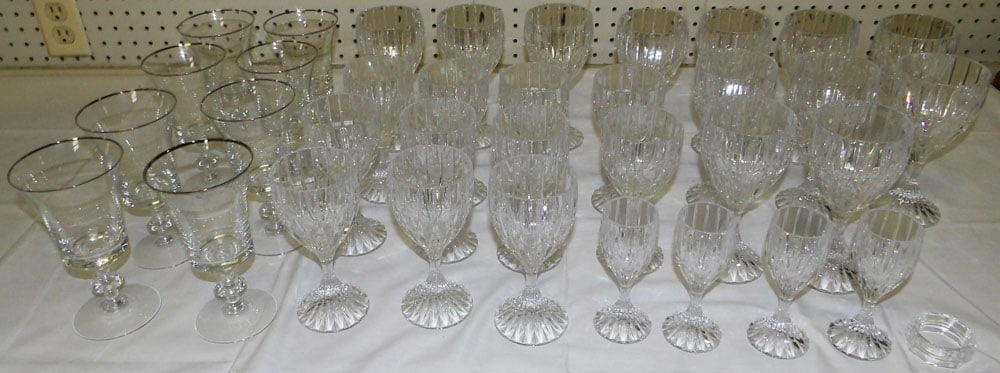Lot Silver Rim Glass Stemware: Lot Silver Rim Glass Stemware. 7" H 3" Dia "ALL DESCRIPTIONS AND ANY CONDITION STATEMENT GIVEN BY LANGSTON AUCTION GALLERY ARE STRICTLY OPINIONS AND LANGSTON'S SHALL HAVE NO RESPONSIBILITY FOR ERRORS