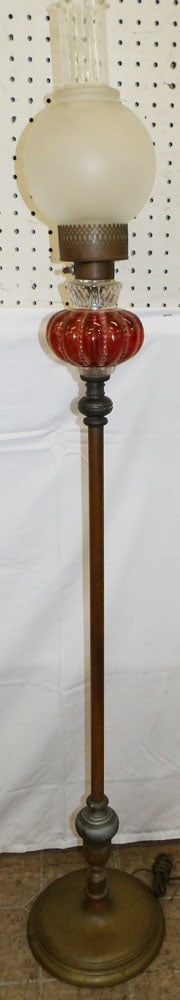 Antique Brass & Glass Floor Lamp: Antique Brass & Glass Floor Lamp. 57" H 10" Dia. "ALL DESCRIPTIONS AND ANY CONDITION STATEMENT GIVEN BY LANGSTON AUCTION GALLERY ARE STRICTLY OPINIONS AND LANGSTON'S SHALL HAVE NO RESPONSIBILITY FOR E