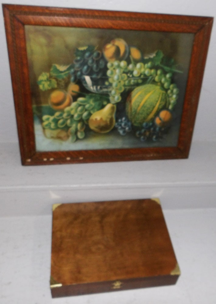 Cherry & Brass Bound Flatware Box & Antique Framed Oak Print: Cherry & Brass Bound Flatware Box & Antique Framed Oak Print. Up to 19 1/2" x 23 3/4" "ALL DESCRIPTIONS AND ANY CONDITION STATEMENT GIVEN BY LANGSTON AUCTION GALLERY ARE STRICTLY OPINIONS AND LANGSTON