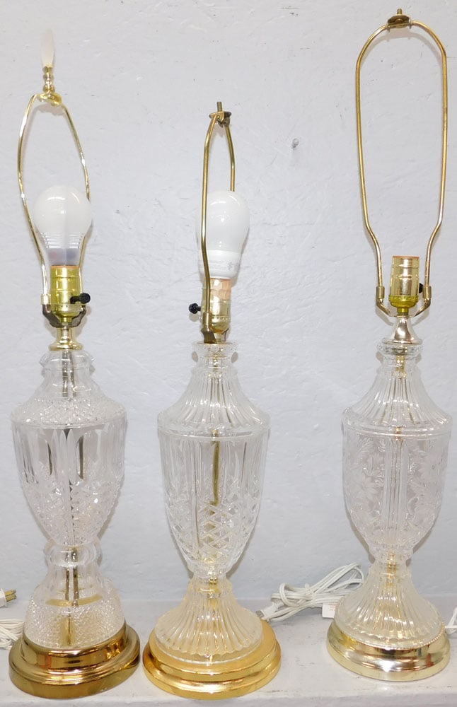Lot of Three Crystal Lamps: Lot of Three Crystal Lamps. Up to 30" H 5 1/2" Dia. "ALL DESCRIPTIONS AND ANY CONDITION STATEMENT GIVEN BY LANGSTON AUCTION GALLERY ARE STRICTLY OPINIONS AND LANGSTON'S SHALL HAVE NO RESPONSIBILITY FO