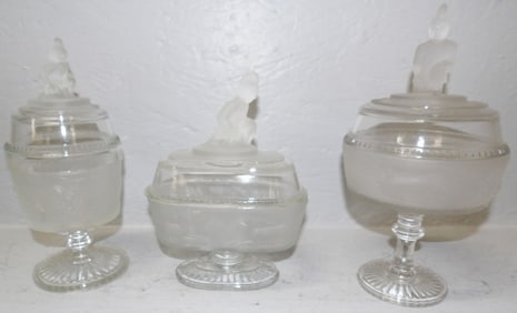 Three Early American Pattern Glass Gillinder Figural Lid Compotes