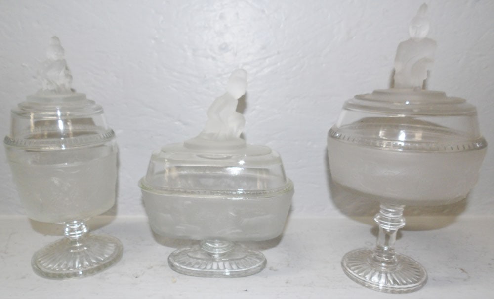 Three Early American Pattern Glass Gillinder Figural Lid Compotes (1 of 5)