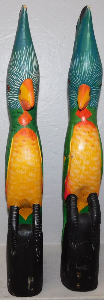 Pair of Painted Carved Wood Cockatoos: Pair of Painted Carved Wood Cockatoos. 24" H 6" W "ALL DESCRIPTIONS AND ANY CONDITION STATEMENT GIVEN BY LANGSTON AUCTION GALLERY ARE STRICTLY OPINIONS AND LANGSTON'S SHALL HAVE NO RESPONSIBILITY FOR