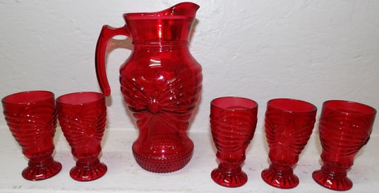 Six Piece Cranberry Glass Lemonade Set