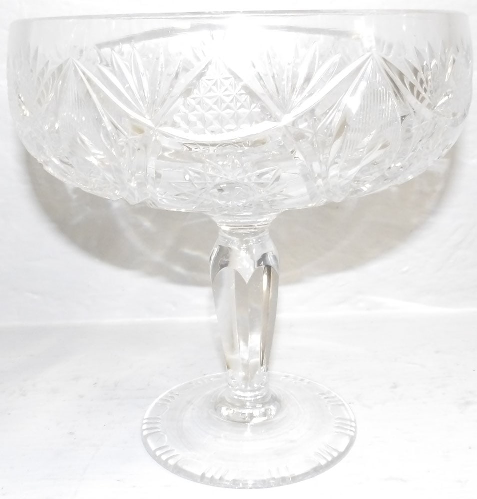 Cut Glass Compote: Cut Glass Compote. 8" H 7 1/2" Dia. "ALL DESCRIPTIONS AND ANY CONDITION STATEMENT GIVEN BY LANGSTON AUCTION GALLERY ARE STRICTLY OPINIONS AND LANGSTON'S SHALL HAVE NO RESPONSIBILITY FOR ERRORS OR OMIS