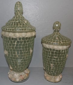 Two Glass & Sea Shell Decorated Covered Urns