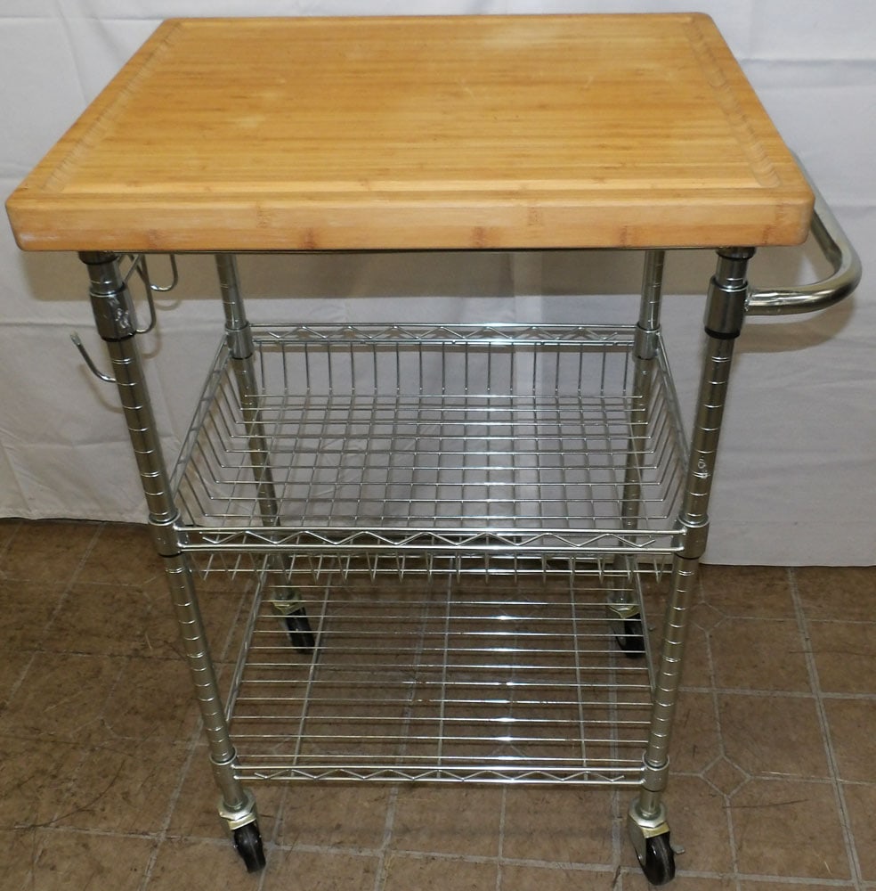 Metal & Wood Three Tier Rolling Stand with Bamboo Cutting Board Top (1 of 4)