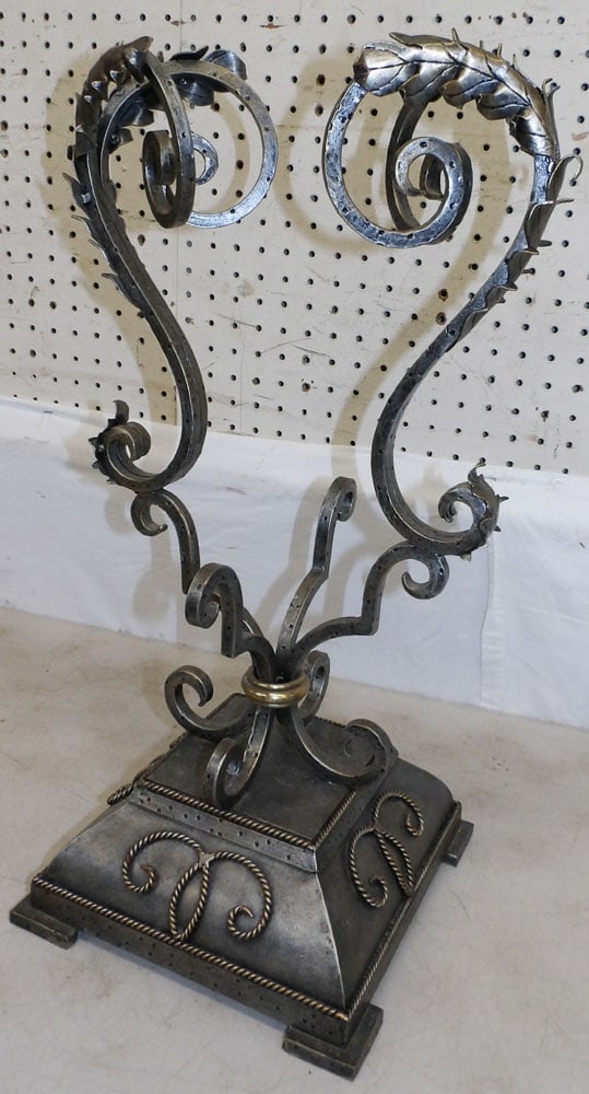 Painted Wrought Iron & Brass Decorative Urn: Painted Wrought Iron & Brass Decorative Urn. 23 1/2" H 12" W 10" D "ALL DESCRIPTIONS AND ANY CONDITION STATEMENT GIVEN BY LANGSTON AUCTION GALLERY ARE STRICTLY OPINIONS AND LANGSTON'S SHALL HAVE NO RE