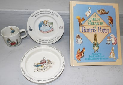 Lot of Wedgwood "Peter Rabbit" Child's Porcelain & Book