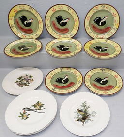 Eight Painted Farberware Rooster Plates & Five English Alfred Meakin Plates