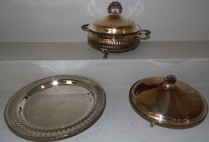 Three Silverplated Items, (Two Covered Dishes & Cake Stand)