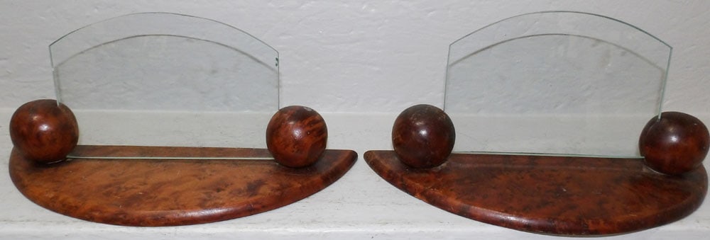 Pair of Burl Yew Wood & Glass Bookends: Pair of Burl Yew Wood & Glass Bookends . 5 1/2" H 12 1/2" W 5" D "ALL DESCRIPTIONS AND ANY CONDITION STATEMENT GIVEN BY LANGSTON AUCTION GALLERY ARE STRICTLY OPINIONS AND LANGSTON'S SHALL HAVE NO RESP