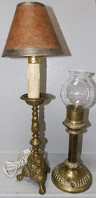 Antique Brass Candlestick with Glass Shade & Candlestick Lamp