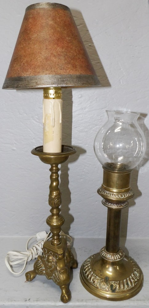 Antique Brass Candlestick with Glass Shade & Candlestick Lamp (1 of 2)