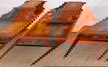 Pair of Mahogany Satin Wood & Banded Inlay End Tables with Tooled Leather Tops
