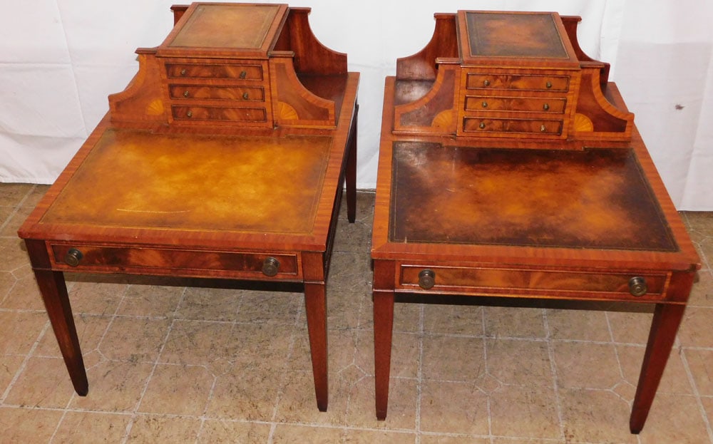 Pair of Mahogany Satin Wood & Banded Inlay End Tables with Tooled Leather Tops: Pair of Mahogany Satin Wood & Banded Inlay End Tables with Tooled Leather Tops. 25 1/2" H 23" W 30 1/2" D "ALL DESCRIPTIONS AND ANY CONDITION STATEMENT GIVEN BY LANGSTON AUCTION GALLERY ARE STRICTLY O
