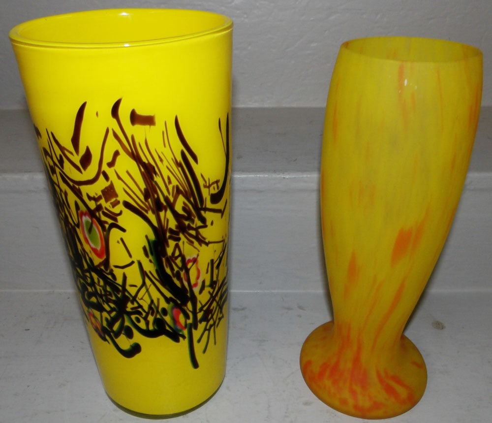 Two Art Glass Vases: Two Art Glass Vases . Up to 12 1/2" H 5 1/2" Dia. "ALL DESCRIPTIONS AND ANY CONDITION STATEMENT GIVEN BY LANGSTON AUCTION GALLERY ARE STRICTLY OPINIONS AND LANGSTON'S SHALL HAVE NO RESPONSIBILITY FOR