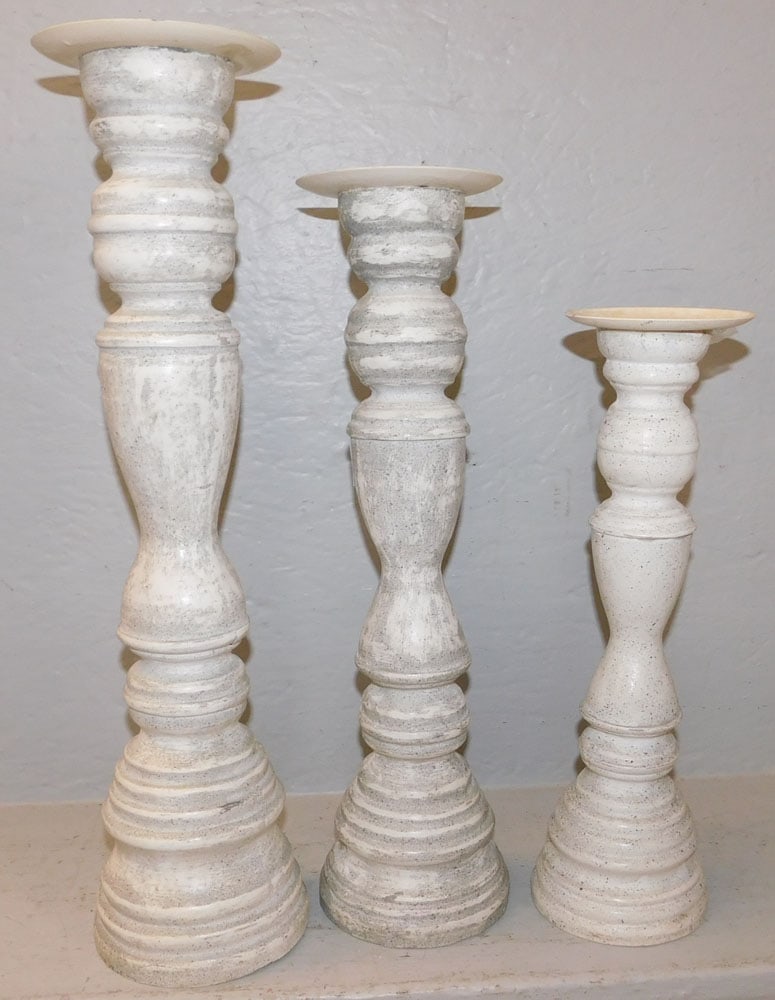 Three Metal & Resin Candlesticks: Three Metal & Resin Candlesticks . Up to 18" H 6 1/4" Dia. "ALL DESCRIPTIONS AND ANY CONDITION STATEMENT GIVEN BY LANGSTON AUCTION GALLERY ARE STRICTLY OPINIONS AND LANGSTON'S SHALL HAVE NO RESPONSIBI