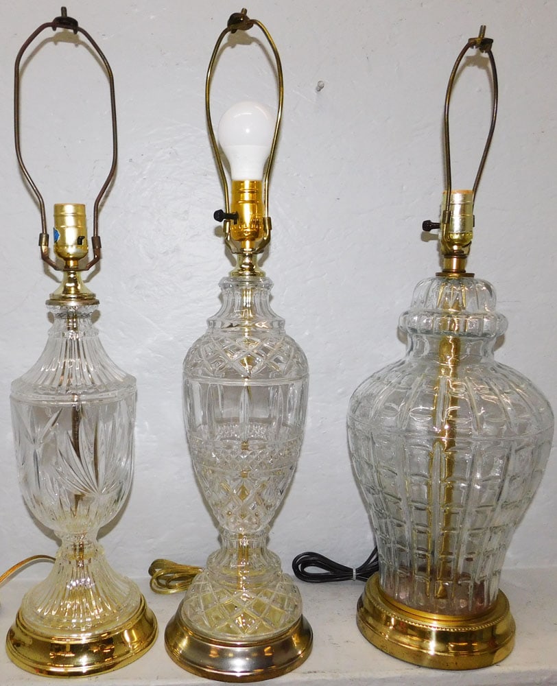 Three Crystal Lamps: Three Crystal Lamps. 25 1/2" H 8 1/2" Dia. "ALL DESCRIPTIONS AND ANY CONDITION STATEMENT GIVEN BY LANGSTON AUCTION GALLERY ARE STRICTLY OPINIONS AND LANGSTON'S SHALL HAVE NO RESPONSIBILITY FOR ERRORS