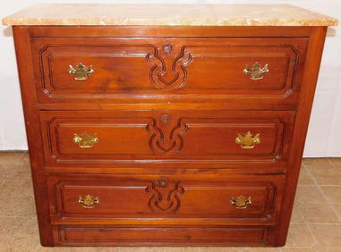 Antique Walnut & Marble Top Three Drawer Chest